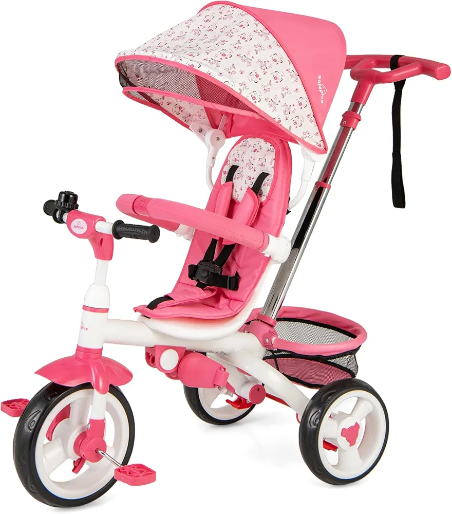 Costzon Tricycle for Toddlers, 6 in 1 Trike w/Parent Handle, Adjustable Canopy, Storage, Safety Harness & Wheel Brakes, Baby Push Tricycle Stroller for Kids Boys Girls Aged 9 Month-5 Years Old, Pink