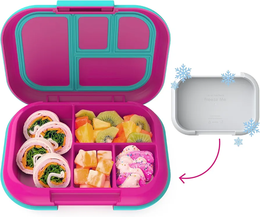 Bentgo Kids Chill Leak-Proof Lunch Box - Included Reusable Ice Pack Keeps Food Cold; 4-Compartment Bento Lunch Container; Microwave/Dishwasher Safe; 2 Year Manufacturer's Warranty (Fuchsia/Teal)