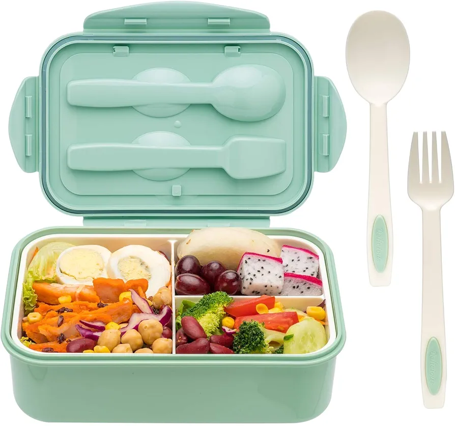 LOVINA Bento Boxes for Adults - 1100 ML Bento Lunch Box For Kids Childrens With Spoon & Fork - Durable Perfect Size for On-the-Go Meal, BPA-Free and Food-Safe Materials(Green)