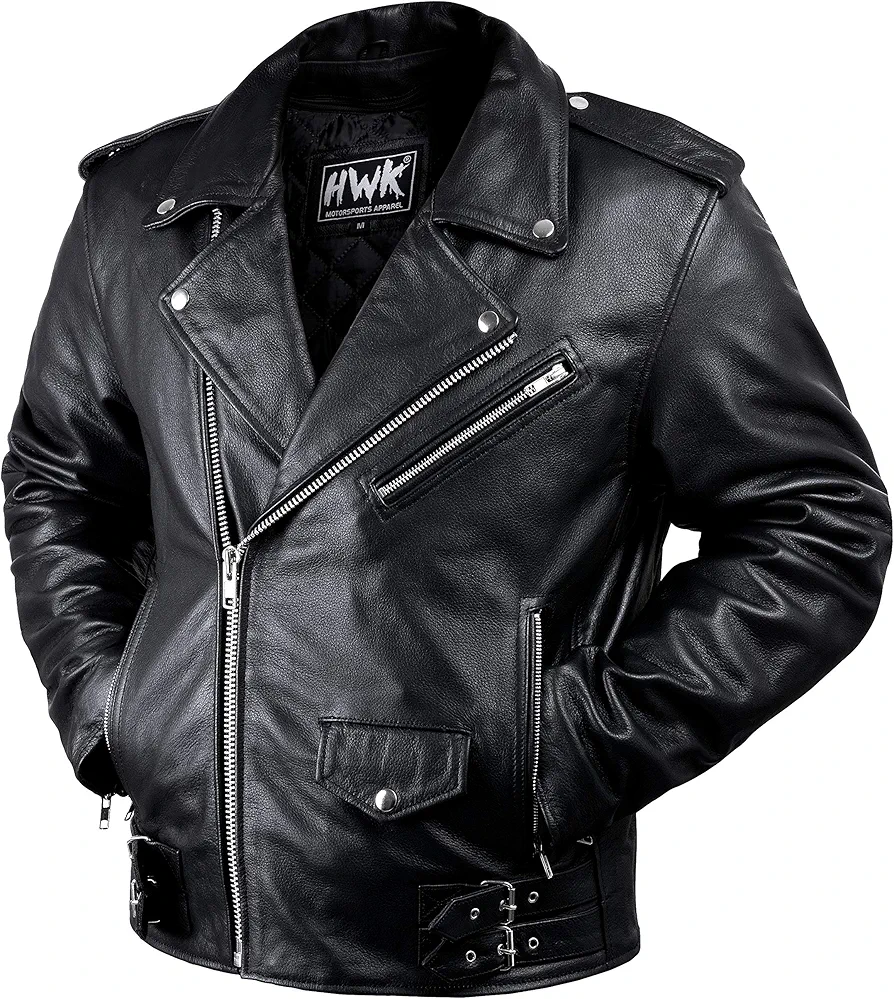 HWK Brando Leather Motorcycle Jacket for Men, Ultra Comfy Vintage Style Genuine Black Leather Jacket with CE Armor and Thermal Lining, Water Resistant Biker Jacket for All-Weather Riding - Small