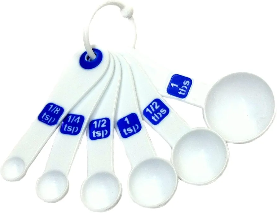 Chef Craft Select Plastic 6 Piece Measuring Spoon Set, 1/8 tsp, 1/4 tsp, 1/2 tsp, 1 tsp, 1/2 tbsp, 1 tbsp, White with Blue