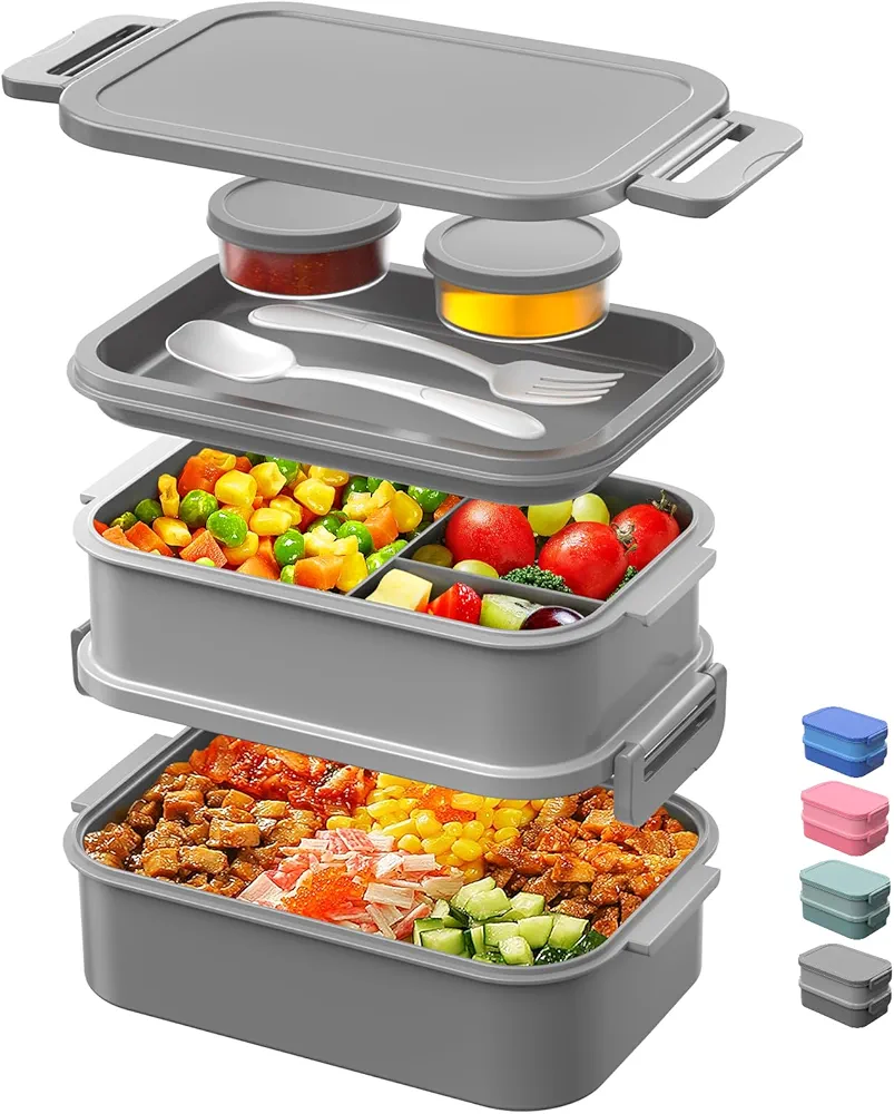 DaCool Adults Lunchbox Bento Box - 74 OZ All-in-One Stackable Lunch Box for Adults Men Women Teens Leakproof Bento Large Lunch Box Containers with Fork Spoon Sauce Box for Dining Out Work School,Grey