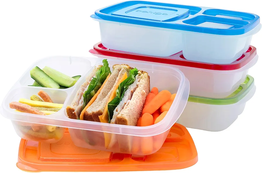 Bentgo Easyboxes - Original Stackable Lunch Boxes - Reusable 3-Compartment Food Containers for Kids and Adults - Bento Lunch Box for Meal Prep, School, & Work - BPA Free, Set of 4 (Classic)