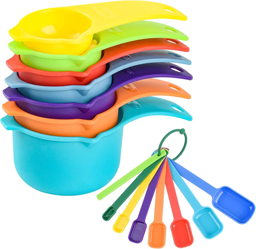 Measuring Cups and Spoons Set 15, Plastic Measuring Cup and Measuring Spoon, 7 Measuring Cups and 7 Spoons with 1 Leveler, Kitchen Measuring Cups Set for Baking, Colorful Measure Cups Spoons