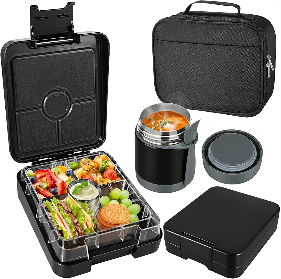 Bento Lunch Box Set With 10oz Soup Thermo, Leak-proof Lunch Containers with 4 Compartment, Kids Hot Thermo Food Jar/Insulation Lunch Bag, Food Containers for School (Black)