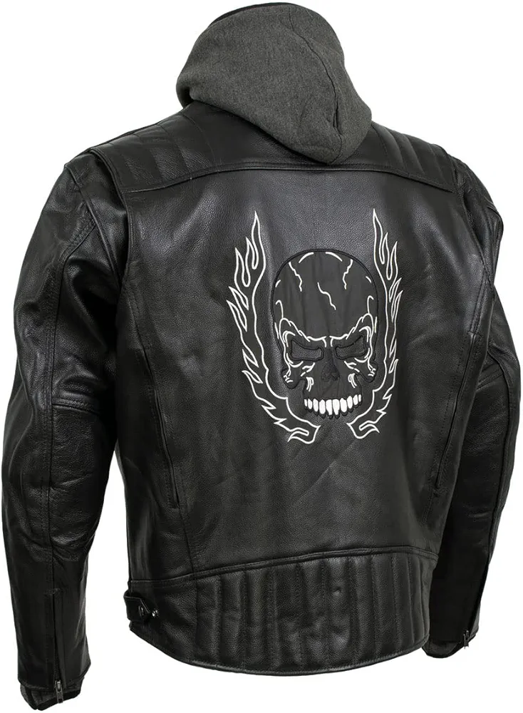 Xelement BXU573 Men's Black 'Alibi' Armored Leather Motorcycle Jacket with Skull Embroidery and Hoodie - Large