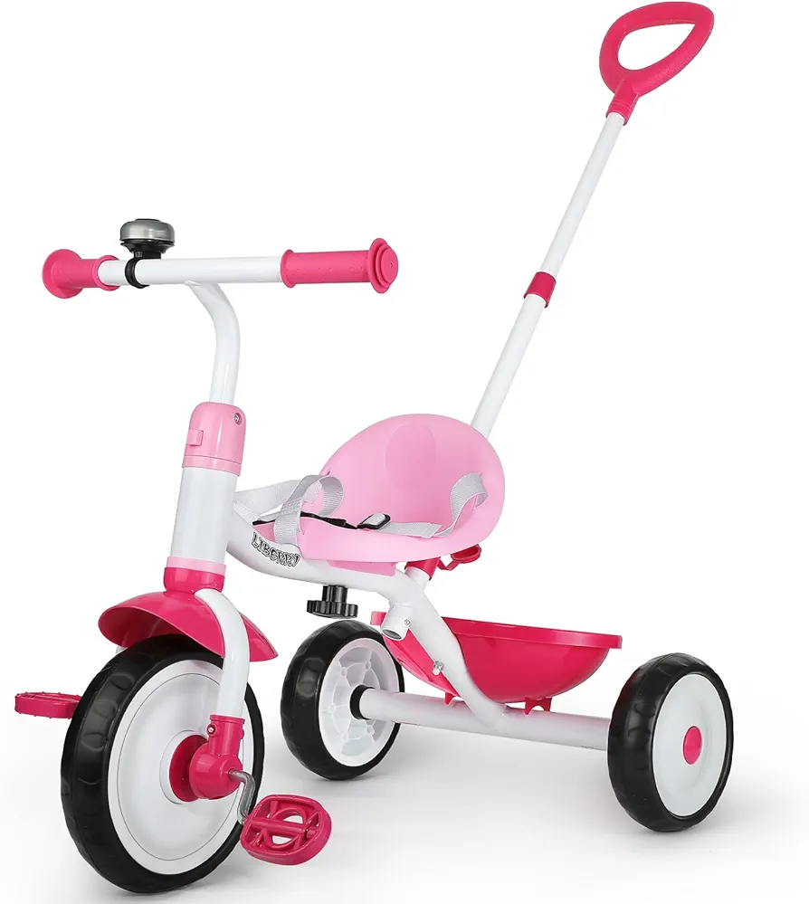 Liberry 2 in 1 Toddler Tricycle Age 2 3 4 Years Old, Kids Trike with Adjustable Push Handle, Bell & Basket, 3 Wheel Bike Riding Toy Birthday for Boys Girls, Pink