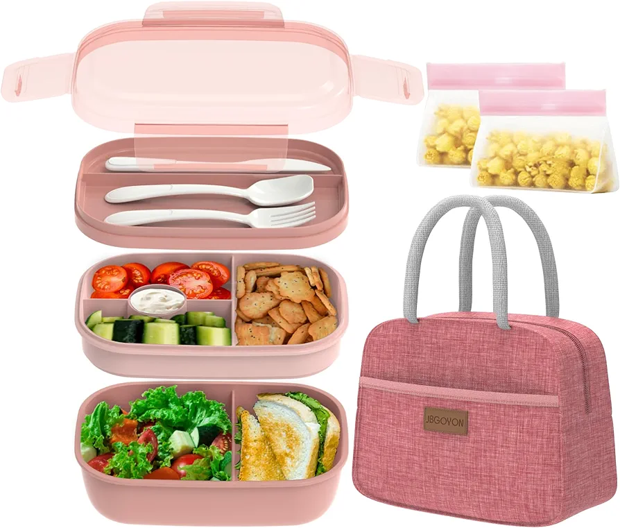 JBGOYON® Bento Lunch Box Set - 3 Stackable Containers for Adults and Kids，lunch box for women- Includes Lunch Bag, Leak-Proof and BPA-Free - Built-in Utensil Set - Dishwasher Safe (Pink)