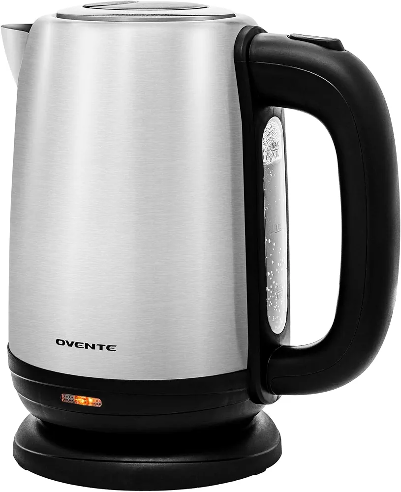 OVENTE Electric Tea Kettle Stainless Steel 1.7 Liter Portable Instant Water Boiler Heater 1100W Power Fast Boiling with Cordless Body and Automatic Shut Off for Coffee Milk Chocolate Silver KS27S