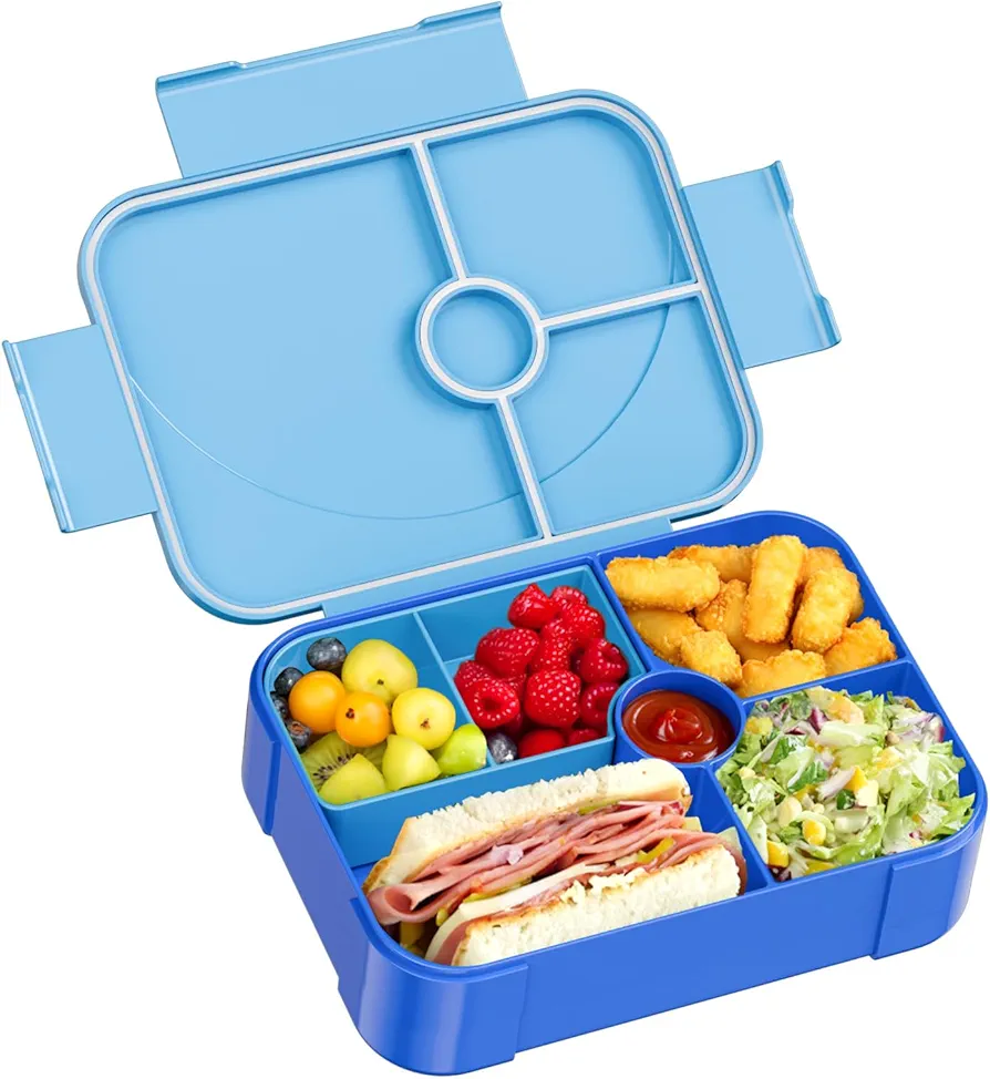 Lunch Box Kids Bento Box, Leakproof Bento Lunch Box with 6 Compartments, BPA-Free Lunch Containers for Adults/Kids/Students, 40 oz Portable On-the-Go Meal and Snack Packing - Blue