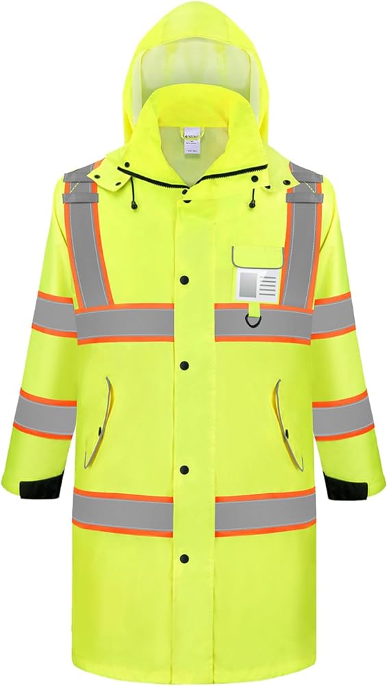 TICONN Reflective Rain Coat, Waterproof Hi Vis Safety Rain Jacket, Heavy Duty ANSI Class 3 High Visibility Trench Coat