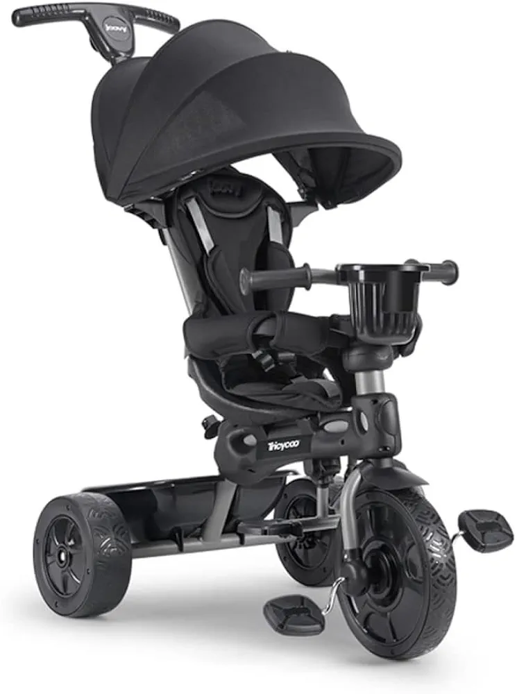 Joovy Tricycoo 4.1 Kids Tricycle with 4-Stages Featuring Extra-Wide Front Tire, Removable and Adjustable Parent Handle, Safety Harness, Machine-Washable Seat Pad, and Retractable Canopy (Black)