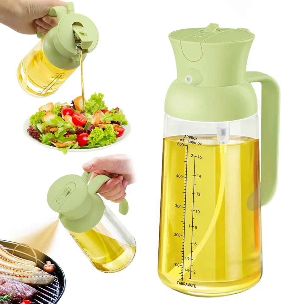 YRRAMATE - 18oz/550ml Olive Oil Dispenser for Kitchen - 2 in 1 Oil Sprayer for Cooking - Olive Oil Dispenser and Oil Sprayer - Food-grade Oil Spritzer Bottle for Air Fryer, Salad BBQ (Green)