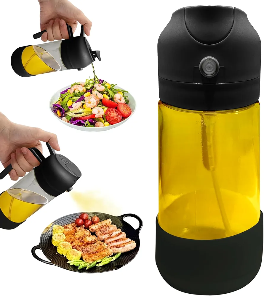 MBO Olive Oil Dispenser Bottle, 2in1 Oil Sprayer for Cooking, 16oz Enhanced Seating Oil Dispenser for Kitchen, Ideal for Air Fryer, BBQ, Salad, and Frying (black head with black seating)