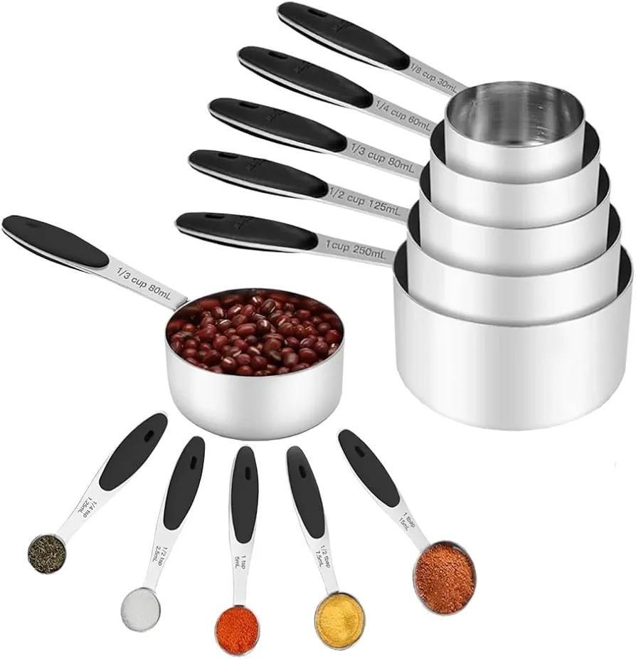 Stainless Steel Measuring Cups and Spoons Set of 10 Piece, Premium Nesting Metal Measuring Cups Set with Silicone Handles for Dry and Liquid Ingredients, Cooking & Baking (black)