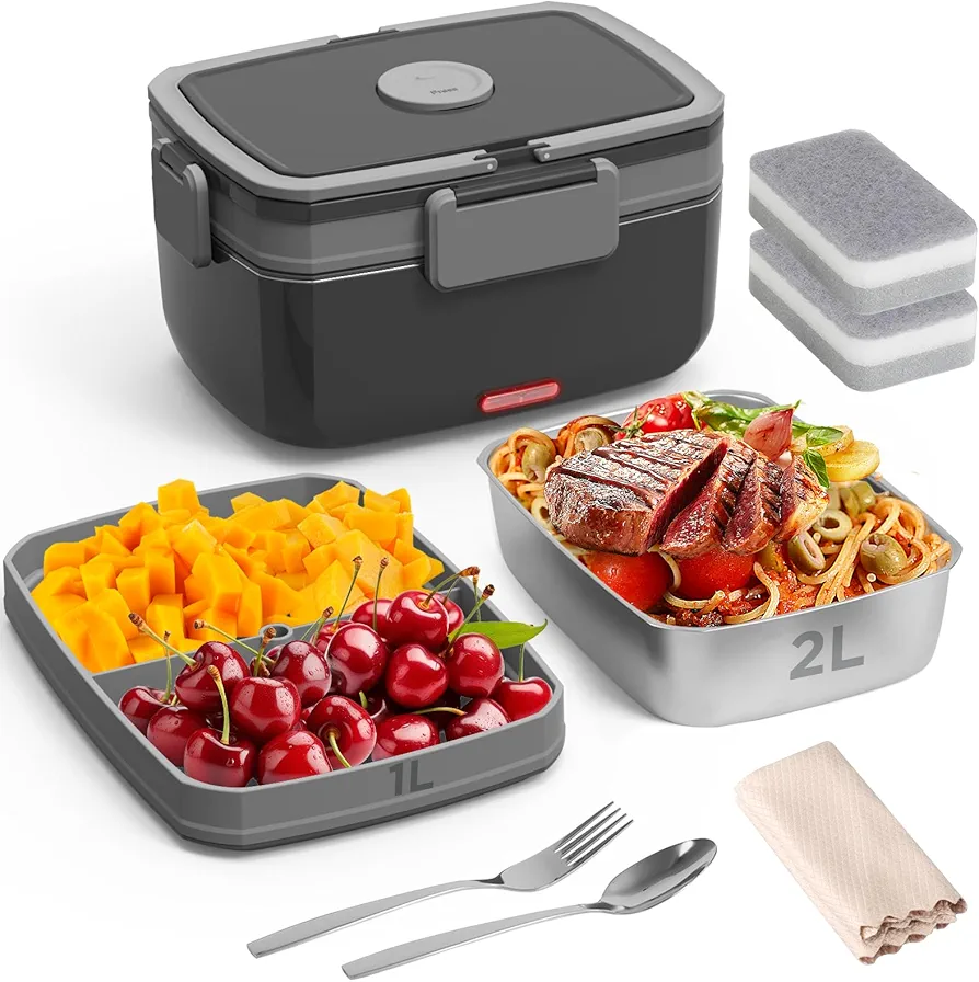 Electric Lunch Box Food Heater with 2L Stainless Steel & 1L PP Fruit Container Bento Box, 90W (12V/24V/110V) Fast Heating Food Warmer for Car/Truck/Office Use, Ideal for Men, Women, Adults