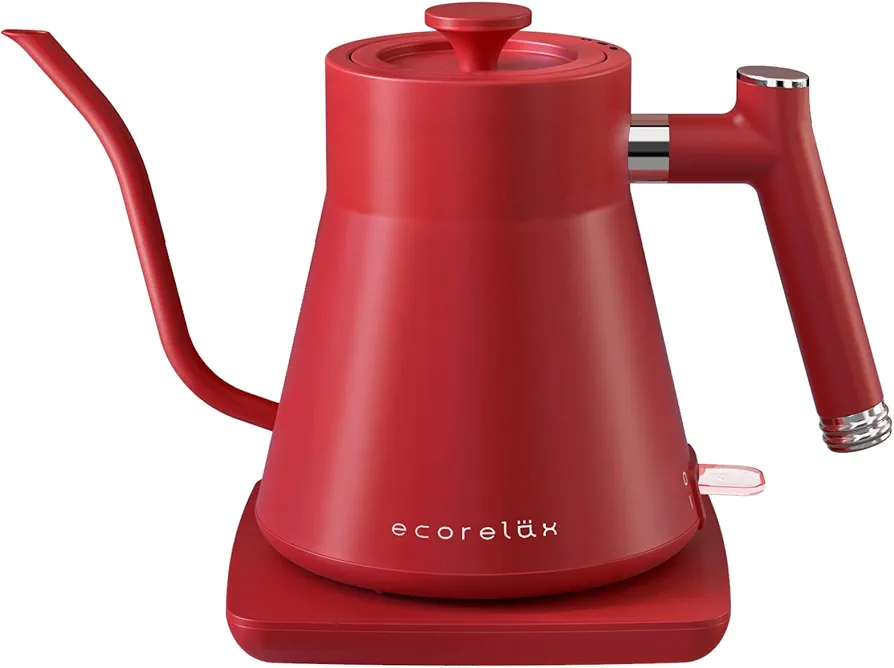 EcoRelax Gooseneck Electric Kettle, Pour Over Coffee and Tea Kettle, 100% Stainless Steel Interior, 1200w Automatic shut off Hot Water Boiler with British Strix Boli Dry Protection, 0.8L RED