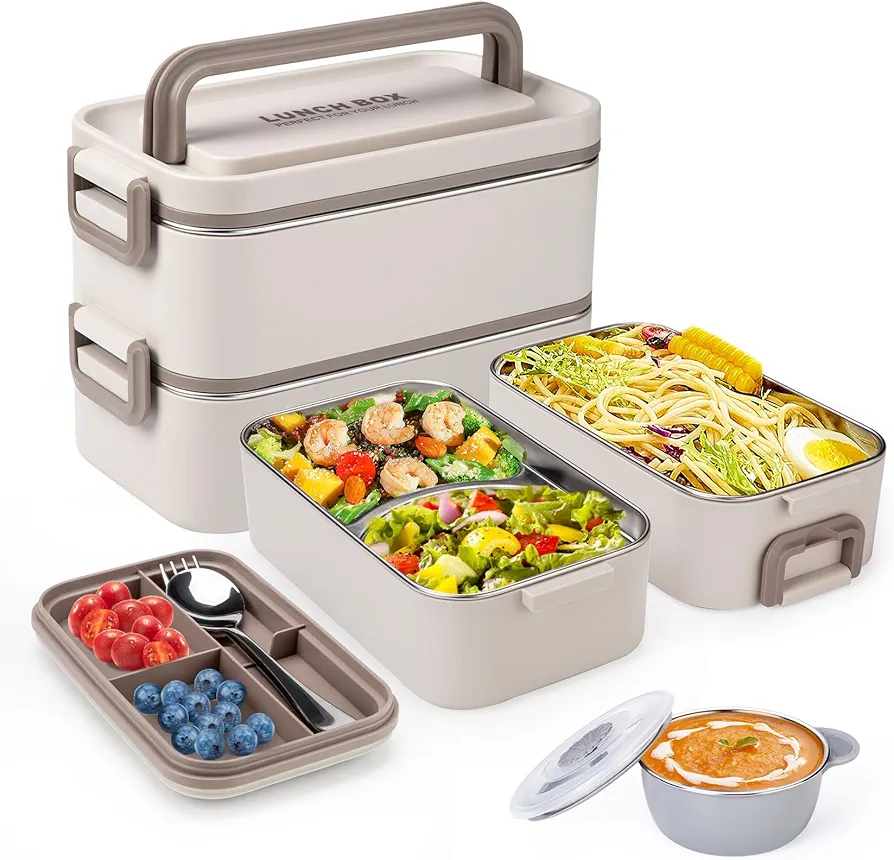 Bento Box Adult Lunch Box, Stackable 2 Layer 304 Stainless Steel Lunch Container for Adults Kids Office, 2L Capacity Portable Lunch Box Containers with Soup Bowl Spoon and Fork