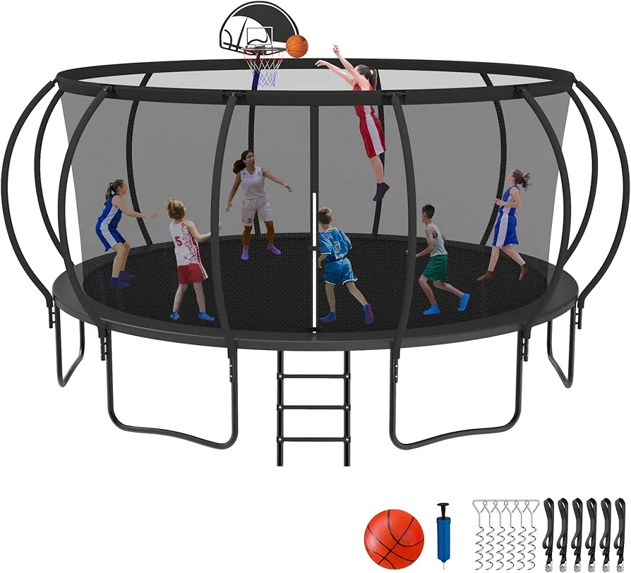 Kacho Tranpoline Outdoor, 8 10 12 14 15 16FT Tranpoline for Kids [Curved Poles Reinforced Design & 1500LBS & Easy to Install], Tranpoline with Basketball Hoop and Safety Net