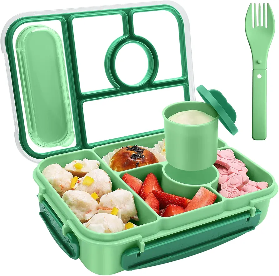 Bento box adult lunch box,lunch box kids,lunch containers for Adults/Kids/Toddler,5 Compartments bento Lunch box for kids with Sauce Vontainers,Microwave & Dishwasher & Freezer Safe(Green)