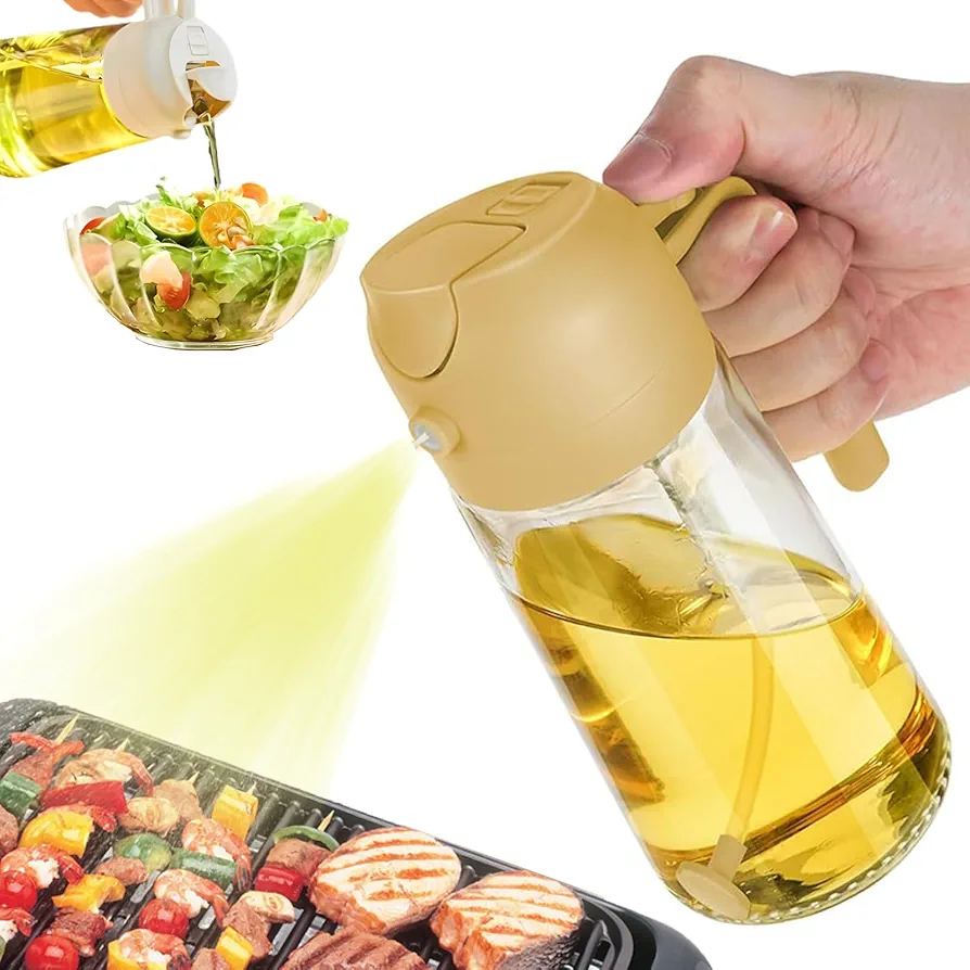 Oil Dispenser for Kitchen Spray, 2 In 1 Oil Dispenser and Oil Sprayer, Olive Bottle Spray and Pour for Kitchen, 16oz/470ml Glass Oil Bottle for Air Fryer, Salad, Frying, BBQ (Yellow)