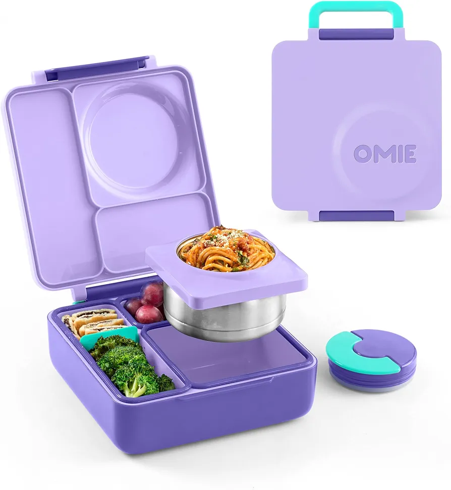 Omie OmieBox Insulated Bento Lunch Box with Leak Proof Thermos Food Jar-3 Compartments, Two Temperature Zones, One Size, (Purple Plum)