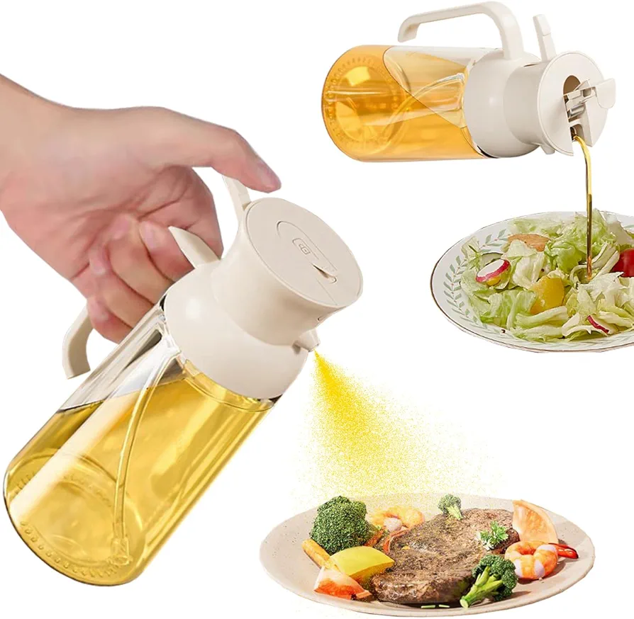 Oil Sprayer for Cooking-2 in 1 Olive Oil Dispenser, 550ml Oil Dispenser Bottle Oil Mister for Air Fryer, BBQ,Salad, Frying, Barbecue (White)