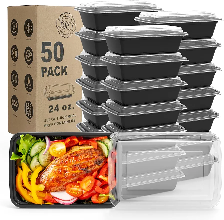 WGCC Meal Prep Containers, 50 Pack Extra-thick Food Storage Containers with Lids, Disposable & Reusable Plastic Bento Lunch Box, BPA Free, Stackable, Microwave/Dishwasher/Freezer Safe (24 oz)