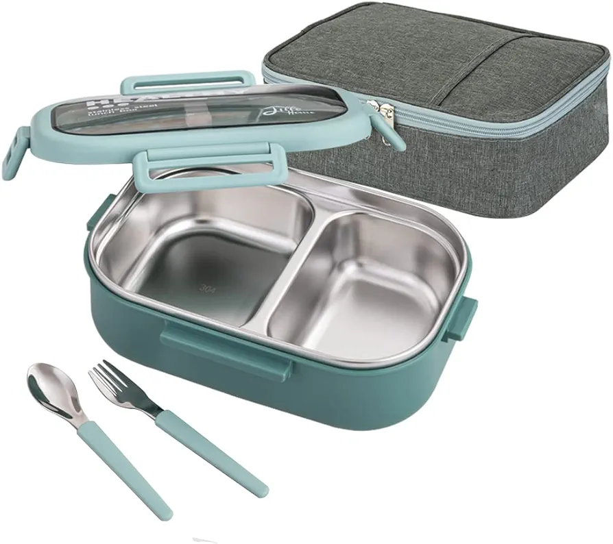 Lille Home 28oz Stainless Steel Leakproof 2-Compartment Bento Lunch Box/Portion Control Food Container with Lunch Bag and Cutlery Set, BPA Free