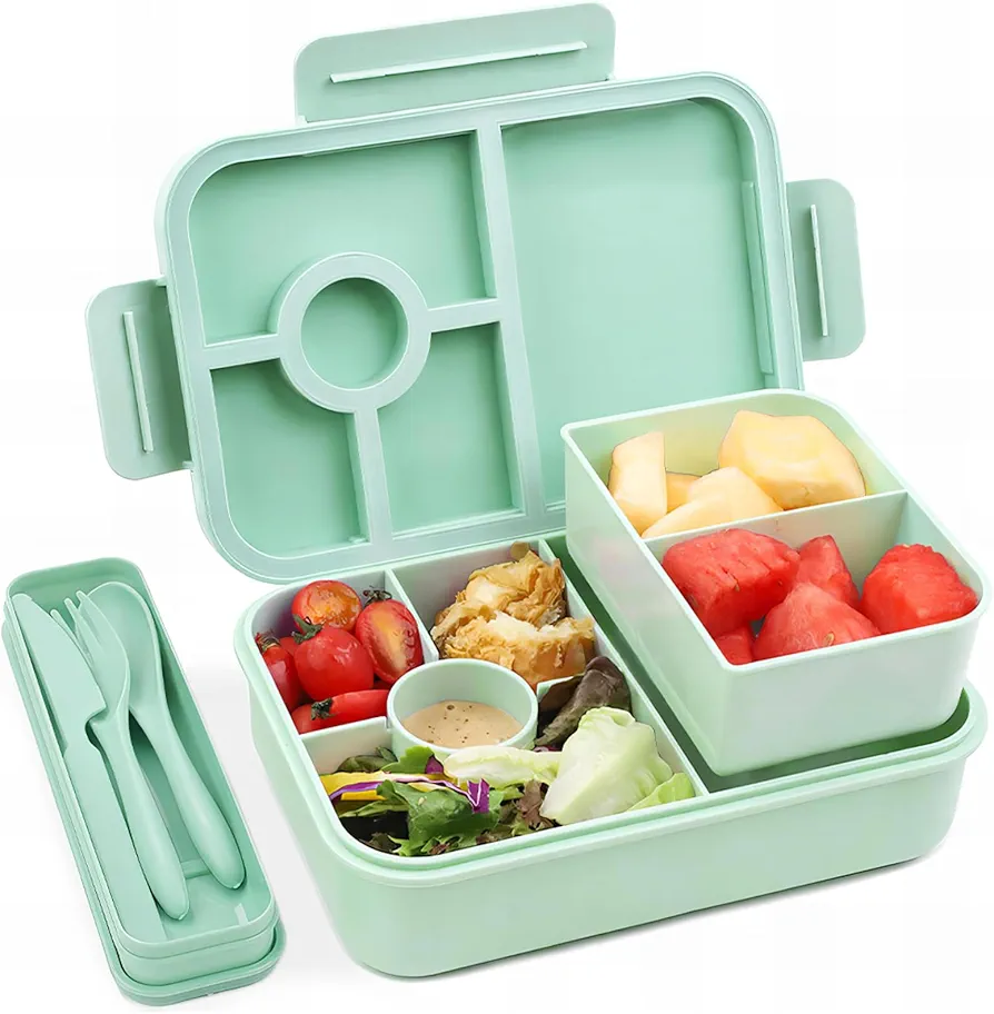 Bugucat Bento Box, 1300ml Meal Holder for Adults/Kids, 6 Compartments Lunch Box with Cutlery, Microwave Safe Leak Resistant Lunchbox for School, Office, Picnic, Green