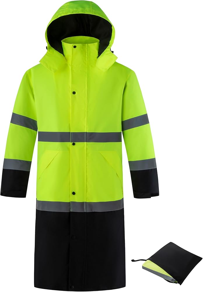 Ubon Men's Hi Vis Long Raincoat Waterproof Reflective Safety Rain Jacket High Visibility with Detachable Hood