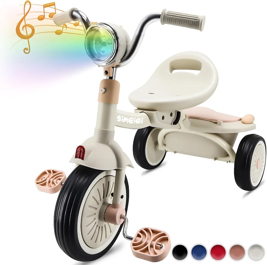 3 Wheels Foldable Toddler Tricycle for 1-4 Years Old Boys Girls with Music Lights Kids Trike with Storage Basket (White)