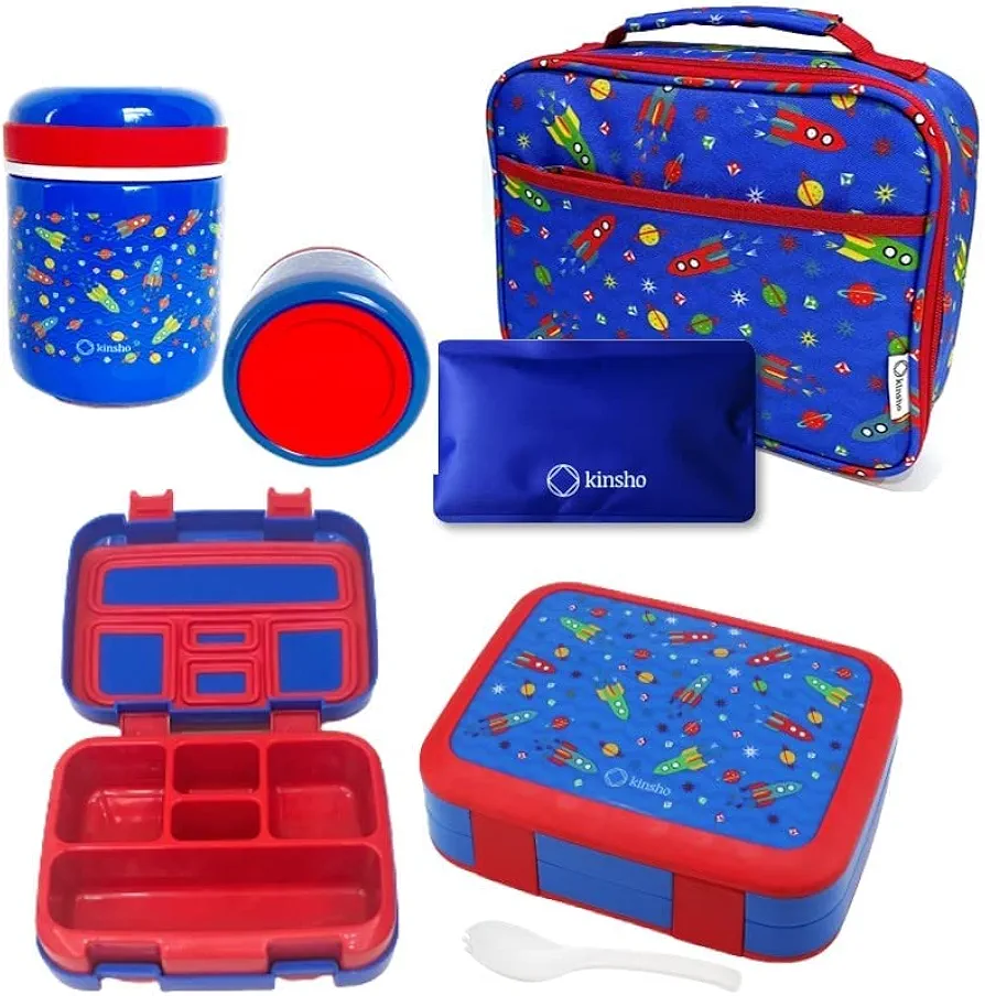 Bento Box with Thermal Stainless Steel Food Jar for Hot-Cold Food or Soup, Insulated Lunch Bag, & Ice Pack Set for Kids or Toddlers. Ages 3-7, Blue Space Rockets