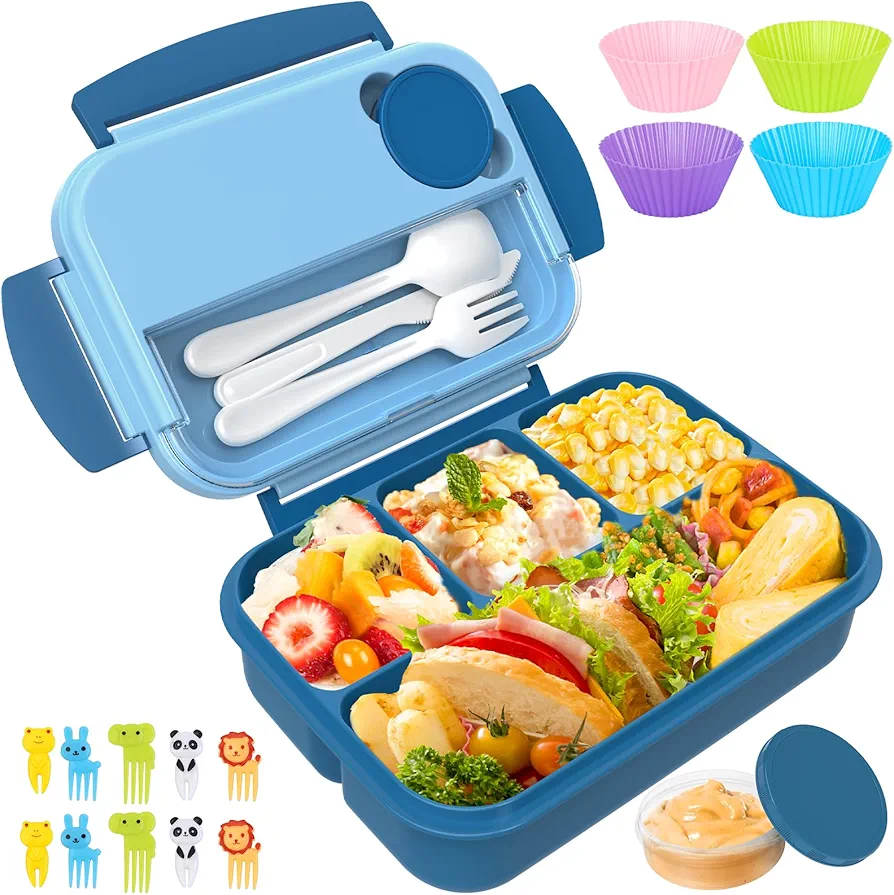 Bento Box, Lunch Box Kids, Bento Lunch Box for Kids/Toddler/Adults, 1300ML-4 Compartment Bento Box Adult Lunch Box w/Food Picks Cake Cups, Built-in Utensil Set, Leak-Proof, Food-Safe Materials(Blue)