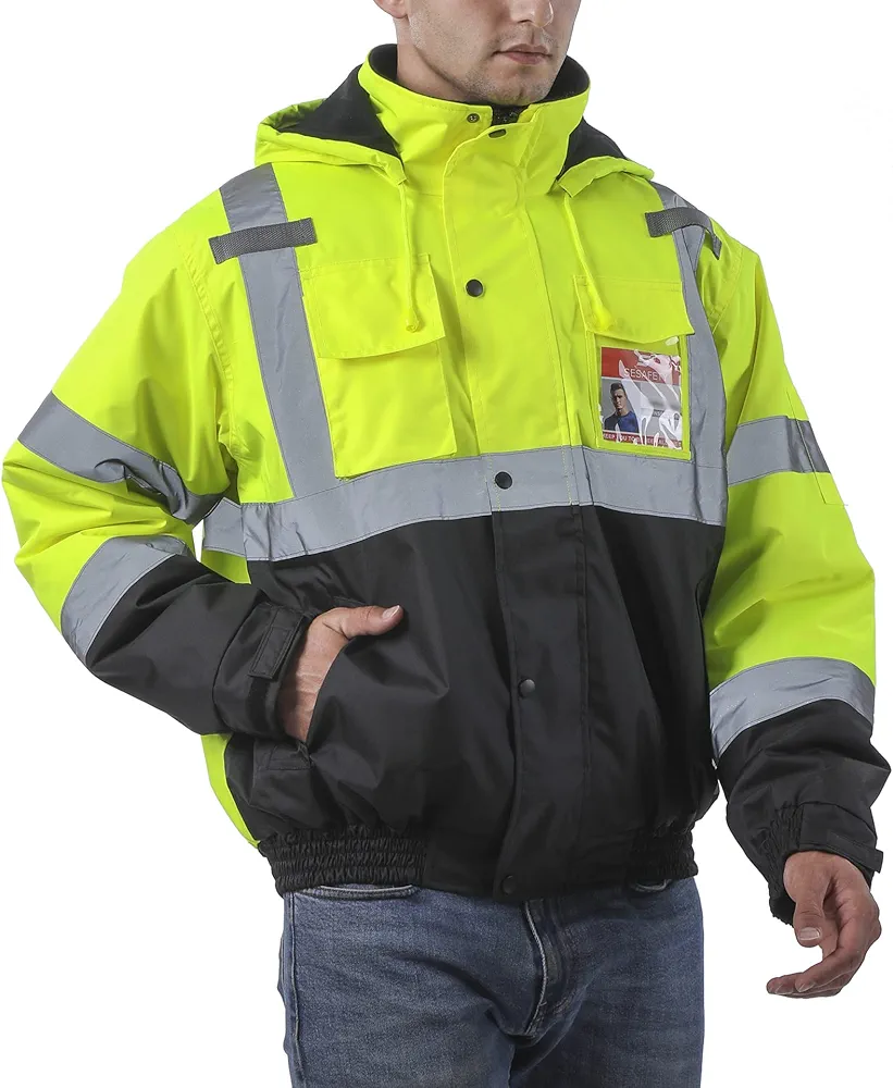 Mens High Visibility Jacket Waterproof with Hood, Reflective Hi Vis Winter Jacket, Safety Work Yellow Jackets for Men