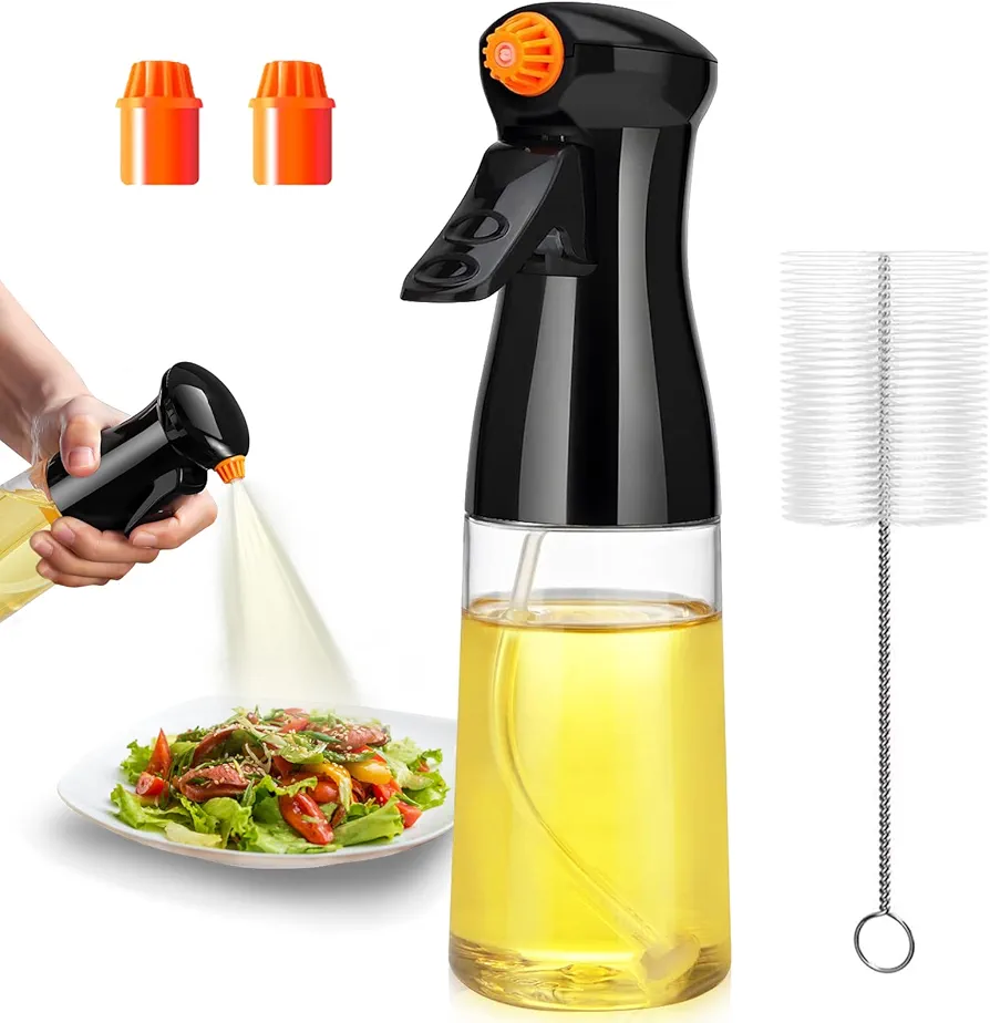 Olive Oil Sprayer for Cooking- 200ml Rotatable Nozzle Olive Oil Spray Bottle Premium Oil Mister with Brush Oil Spritzer for Air Fryer, BBQ, Salad, Baking,Grilling Kitchen Gadgets(Black)