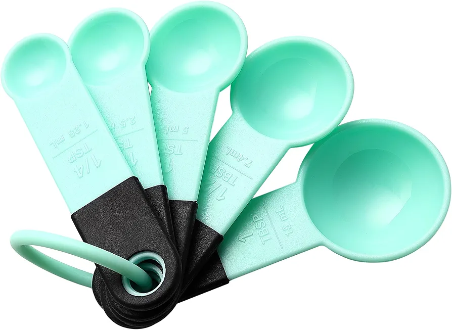 Spring Chef Mint Magnetic Measuring Spoons Set of 5, Stackable Plastic Measuring Spoons with Easy to Read Markings - Measure Dry and Liquid Ingredients, BPA Free, Kitchen Tool for Baking & Cooking