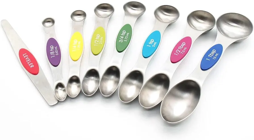 Magnetic Measuring Spoons Set with Strong N45 Magnets, Heavy Duty Stainless Steel Metal, Fits in Most Kitchen Spice Jars for Baking & Cooking, BPA Free, Multicolor