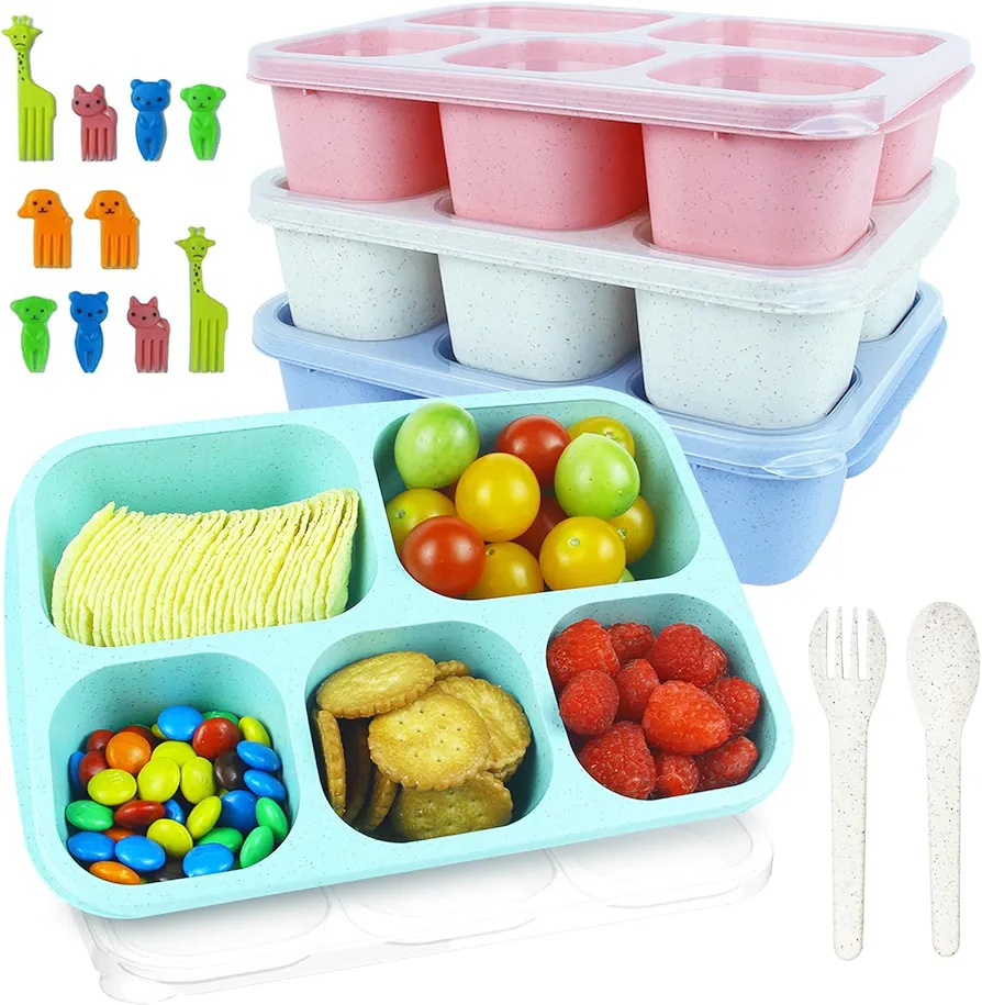 Bento Lunch Box Reusable Snack Containers, 4 Pack, 5 Compartments Meal Prep Containers, Microwave Dishwasher Safe Lunch Box with Spoon, Fork, Food Picks for Kids and Adults at School, Work, Travel