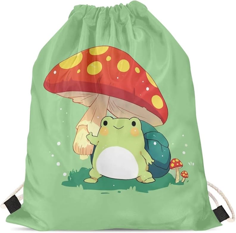 Upetstory Cute Mushroom Frog Drawstring Backpack Cinch String Bag Sports Gym Sackpack Training Gymsack for Women Kids Children Hiking Camping Swimming Beach Outdoor Daypack Bookbag