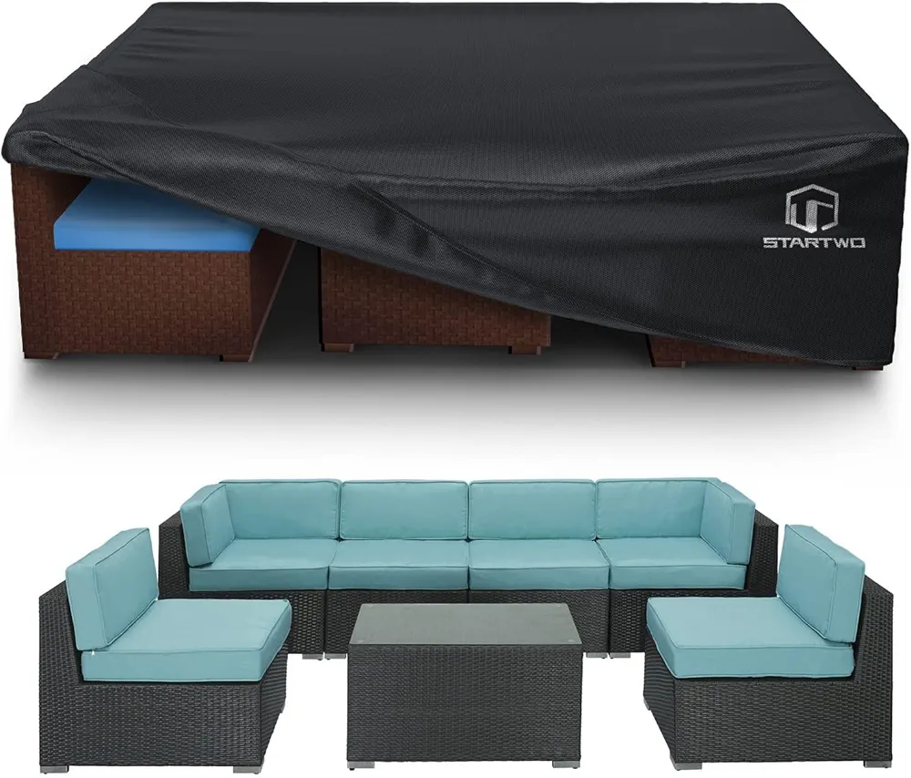 STARTWO Patio Furniture Covers Waterproof, Outdoor Furniture Set Cover for 7-12 Seats Sectional Sofa Anti-UV Tear-Resistant 500D Heavy Duty, Patio Table Cover-110"x84"x28", Black