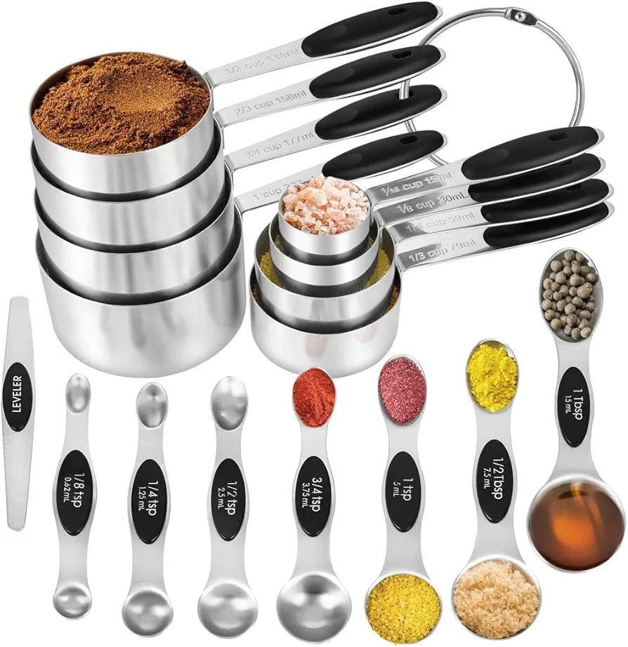 16 Pieces Measuring Cups and Magnetic Measuring Spoons Set Stainless Steel,8 Measure Cups with Silicone Handle and 7 Double Sided Magnetic Measure Spoons & 1 Leveler