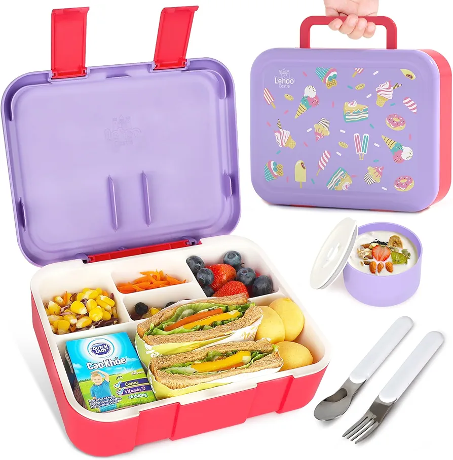 Lehoo Castle Bento Lunch Box for Kids Girls, 1250ml, with 5 Compartments, Spoon, Fork, Sauce Jar, Leak Proof, BPA-Free, Sizes for Boys and Girls Ages 3 to 7