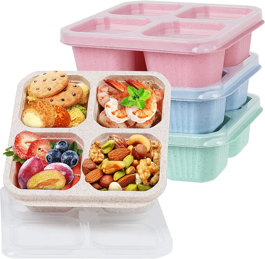 4 Pack Bento Snack Containers Set， 4 Compartment Food Storage Containers Wheat Straw Meal Prep Lunch Box Plastic Food Storage Containers, Microwave and Dishwasher Safe (4colour)