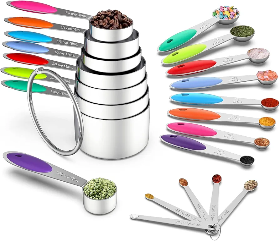 Measuring Cups & Spoons Set of 21 - Wildone Stainless Steel Measuring Cups and Spoons with Colored Silicone Handle, 8 Nesting Metal Cups, 8 Spoons & 5 Mini Spoons, for Dry and Liquid Ingredient