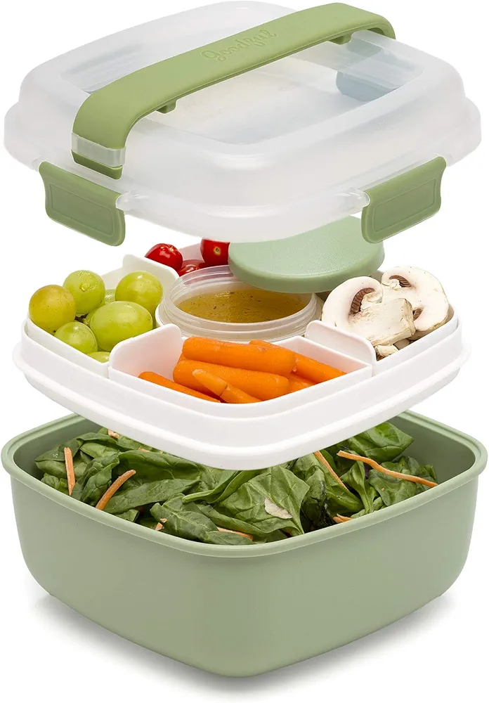 Goodful Stackable Lunch Box Container, Bento Style Food Storage with Removeable Compartments for Sandwich, Snacks, Toppings & Dressing, Leak-Proof and Made without BPA, 56-Ounce, Sage