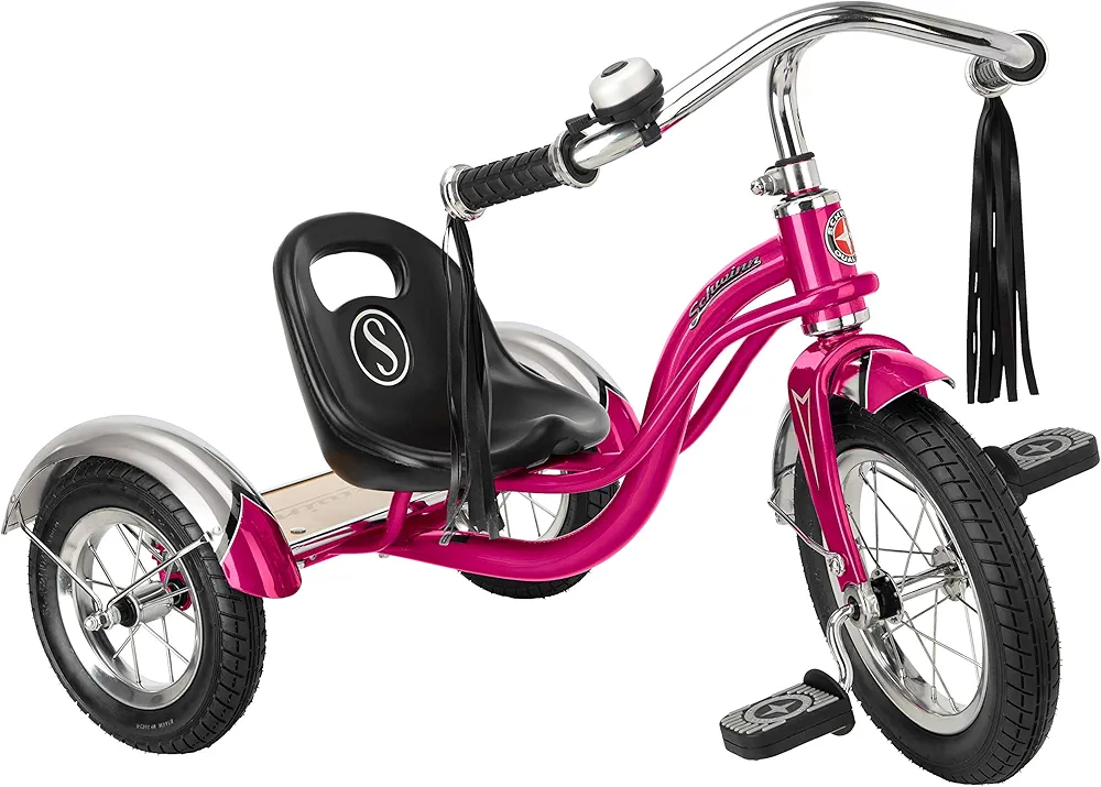 Schwinn Roadster Bike for Toddler, Kids Classic Tricycle, Low Positioned Steel Trike Frame w/ Bell & Handlebar Tassels, Rear Deck Made of Genuine Wood, Boys and Girls Ages 2-4 Year Old, Bright Pink