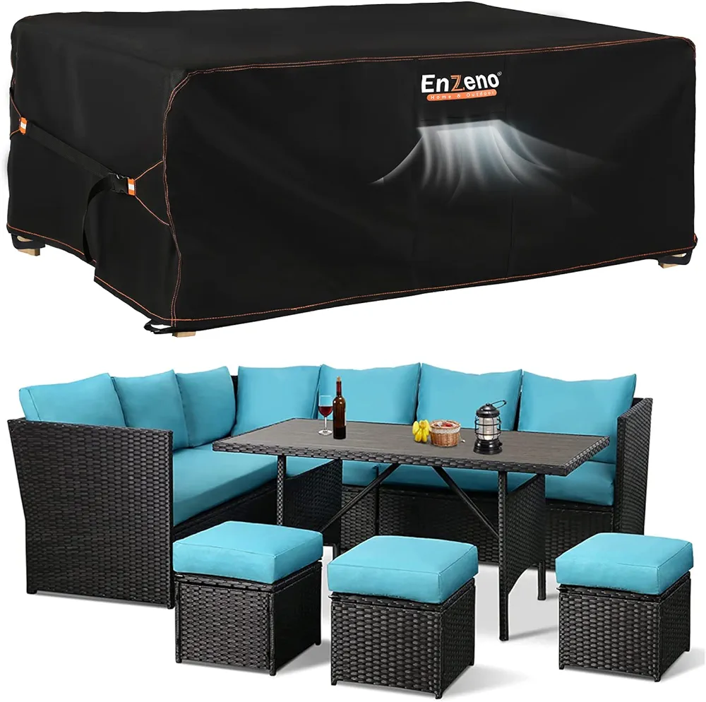 Enzeno Patio Furniture Set Cover, Outdoor Sectional Sofa Couch Set Covers Waterproof, Garden Dining Table Chair Set Cover Outside Rectangular Heavy Duty Weatherproof 98" L x 78" W x 28" H Black