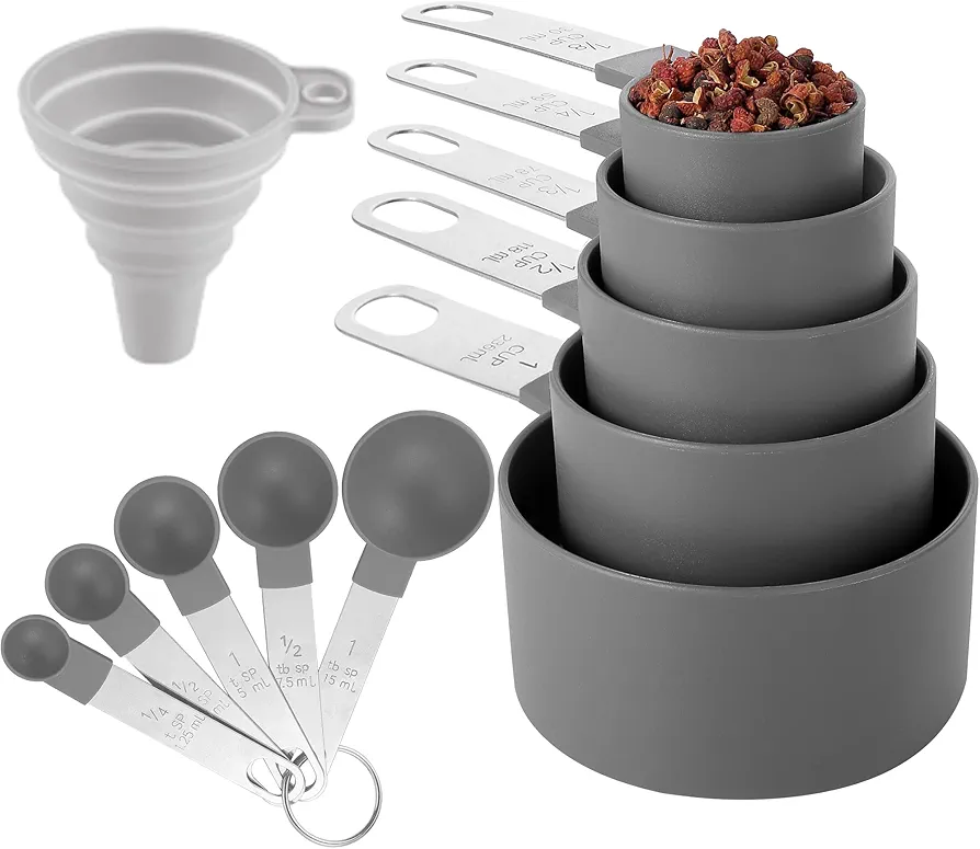 Measuring Cups and Spoons Set of Huygens Kitchen Gadgets 10 Pieces, Stackable Stainless Steel Handle Measuring Cups for Measuring Dry and Liquid Ingredient (Gray)