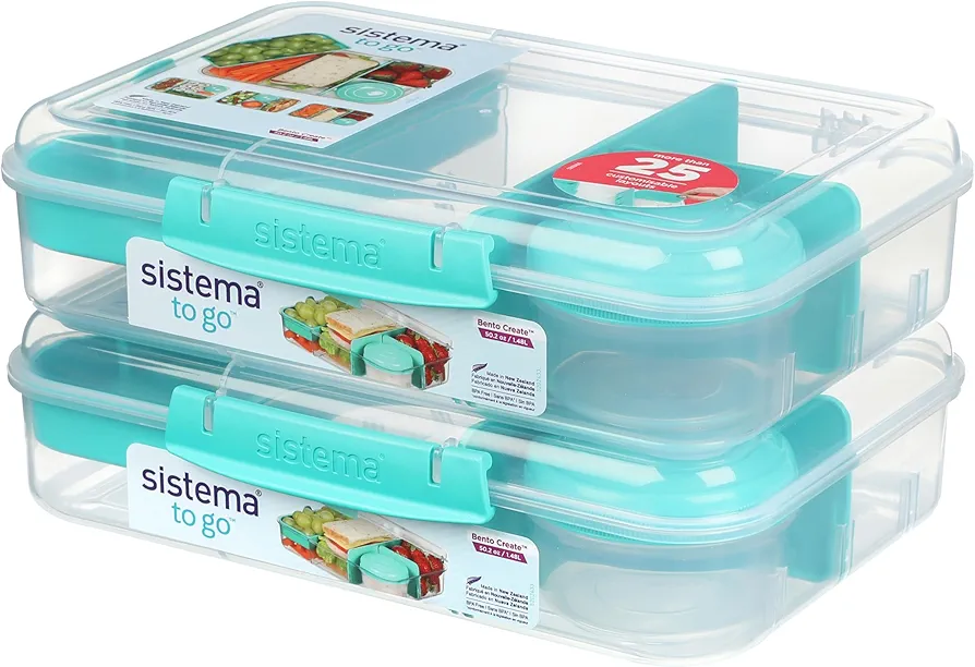 Sistema® Bento Create To Go™ 6-Cup Food Storage Container Bento Box with Lid and Dividers, 2 pack, Minty Teal